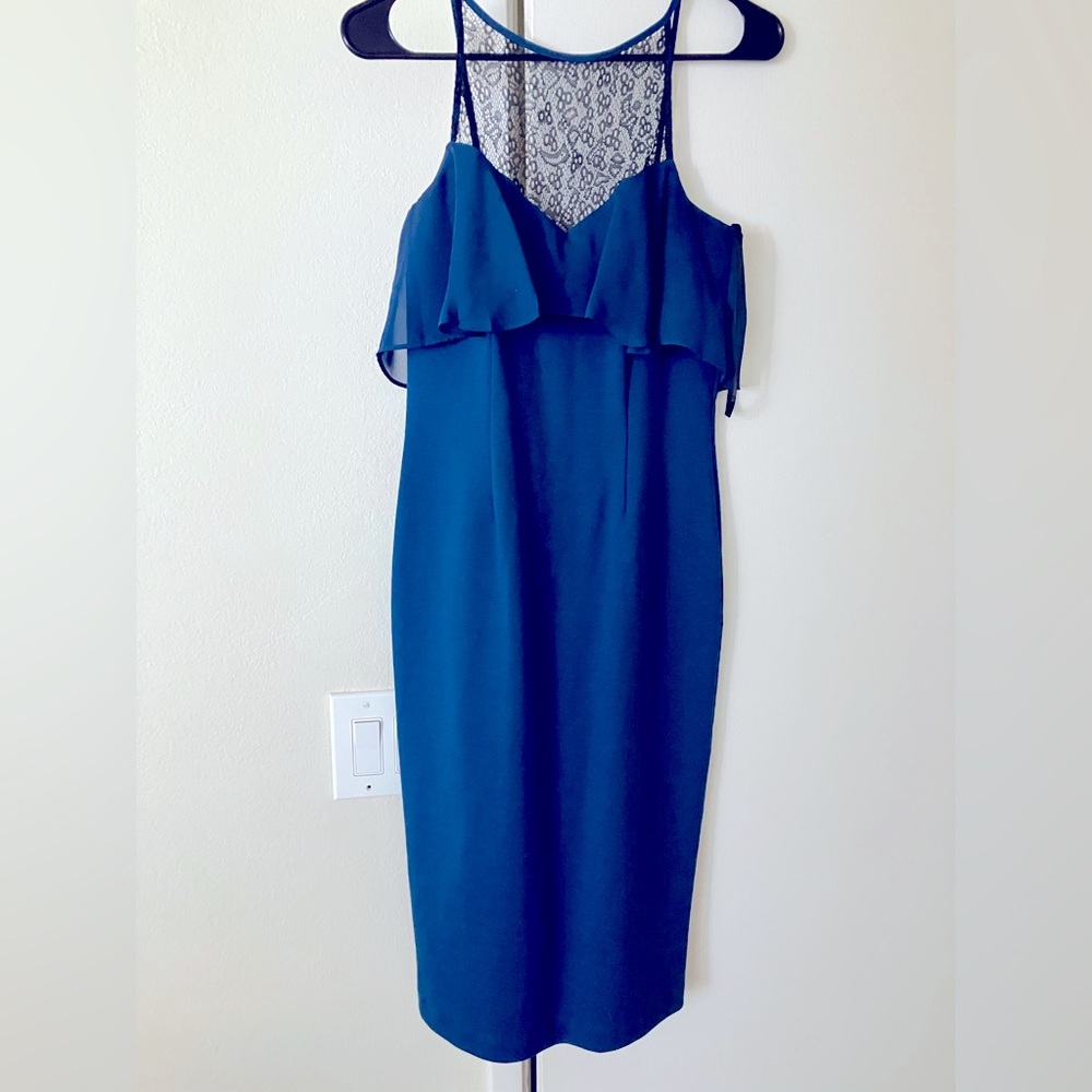 BCBGeneration Blue Black Lace Chiffon Ruffle Detail Bodycon Cocktail Dress